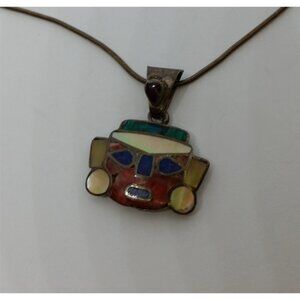 Peruvian Inca Gemstone Tribal Face Inlay Pendant  950 silver purity